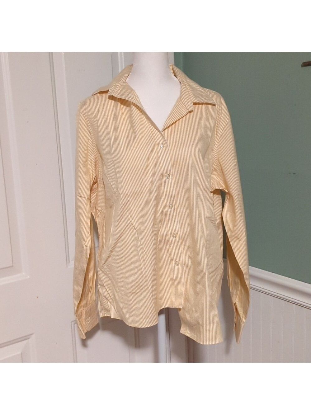 Lands End Women Oxford Shirt Yellow White Stripe 16 Petite